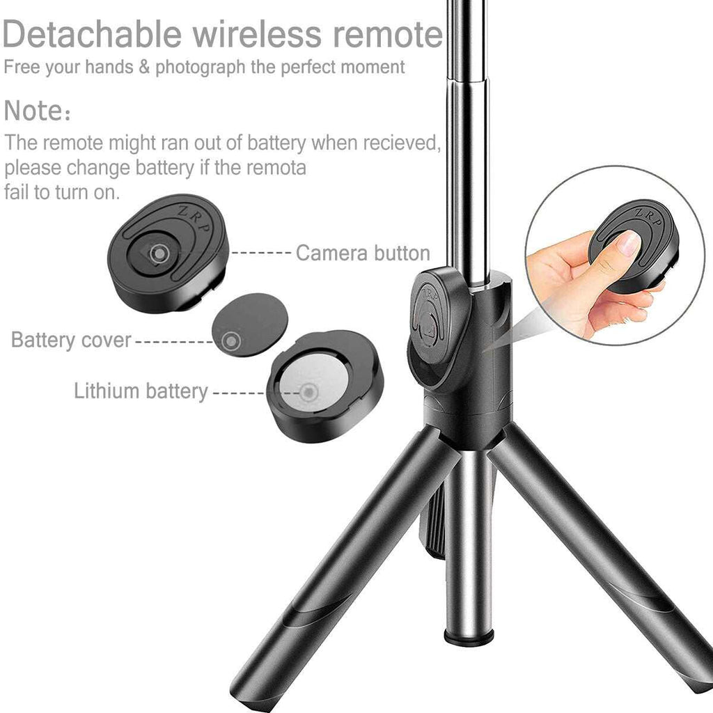 Black extendable selfie stick tripod with Bluetooth remote shutter and 360-degree rotation for phone photography