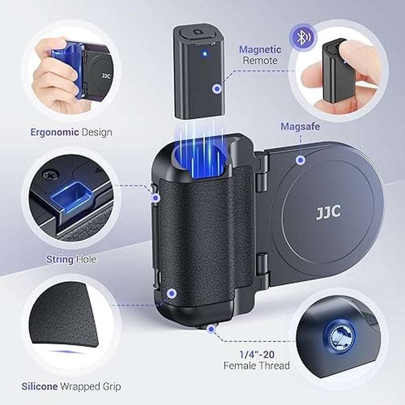 Magnetic phone camera grip handle with wireless shutter remote and Magsafe compatibility in black