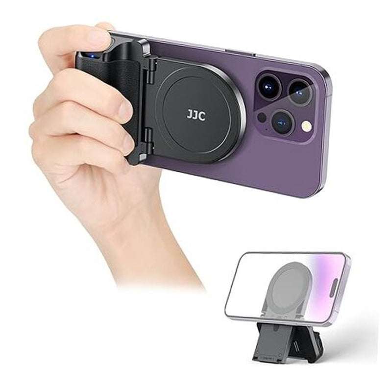 Black magnetic phone camera grip handle with wireless shutter remote and Magsafe compatibility