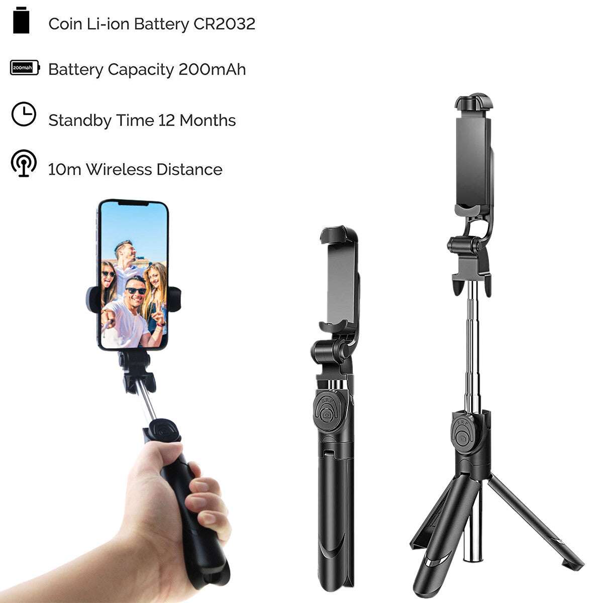 Black extendable selfie stick tripod with Bluetooth remote shutter and 360-degree rotation for phone photography