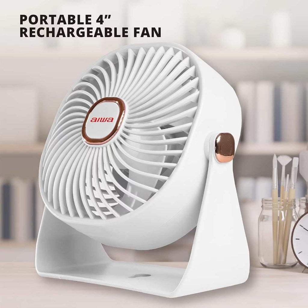 4-inch white USB-C rechargeable mini desk fan with 3 speeds and 270-degree rotation