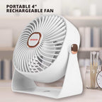 4-inch white USB-C rechargeable mini desk fan with 3 speeds and 270-degree rotation