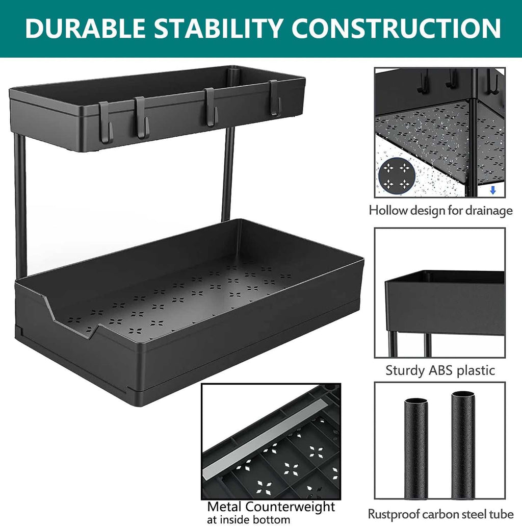 1-Pack under Sink Organizer Storage, 2 Tier L-Shape Multi-Purpose Large Capacity Kitchen under Sink Organizers for Narrow Space Easy Access Sliding Storage Drawer with Hooks for Bathroom
