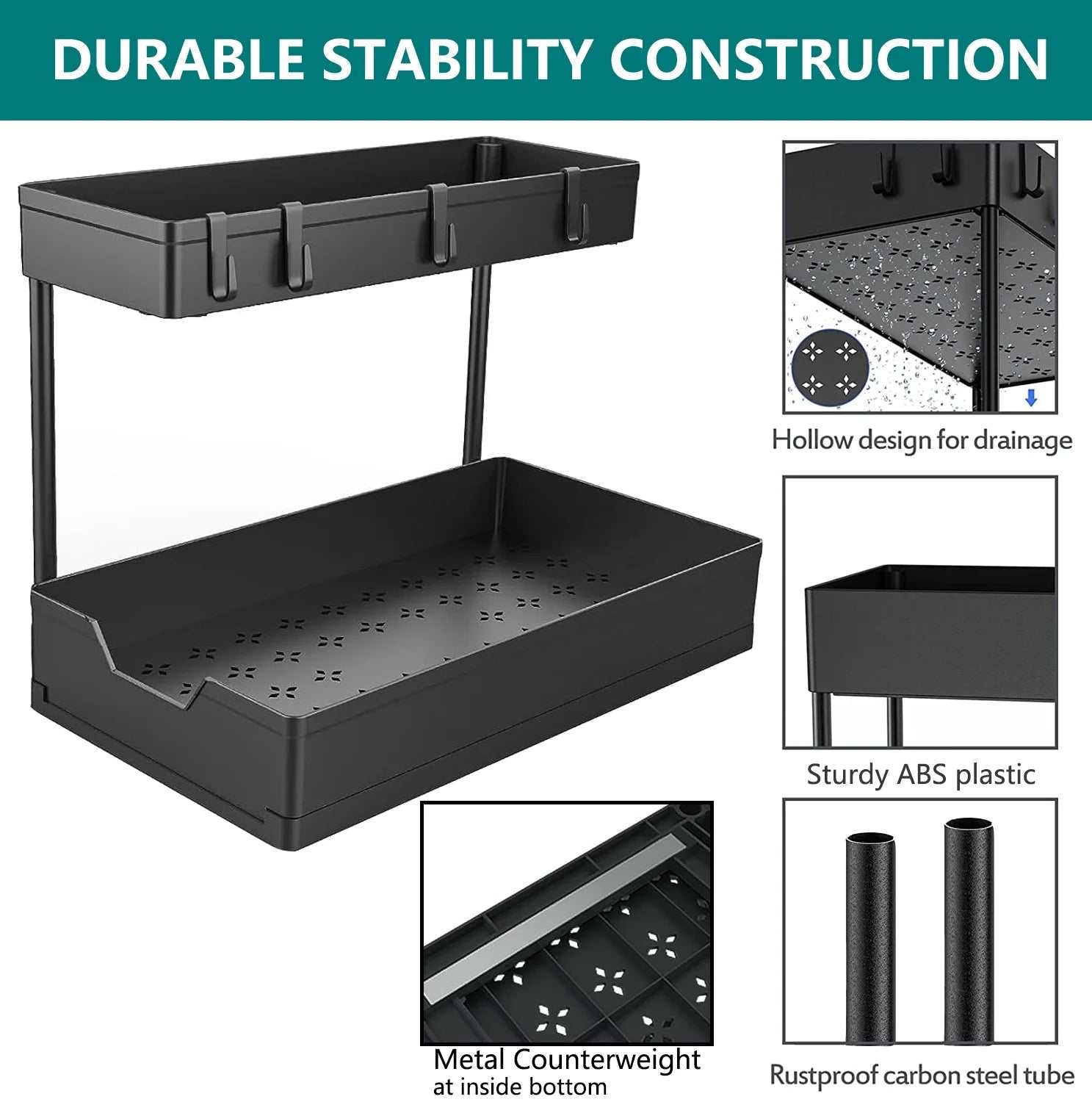 1-Pack under Sink Organizer Storage, 2 Tier L-Shape Multi-Purpose Large Capacity Kitchen under Sink Organizers for Narrow Space Easy Access Sliding Storage Drawer with Hooks for Bathroom