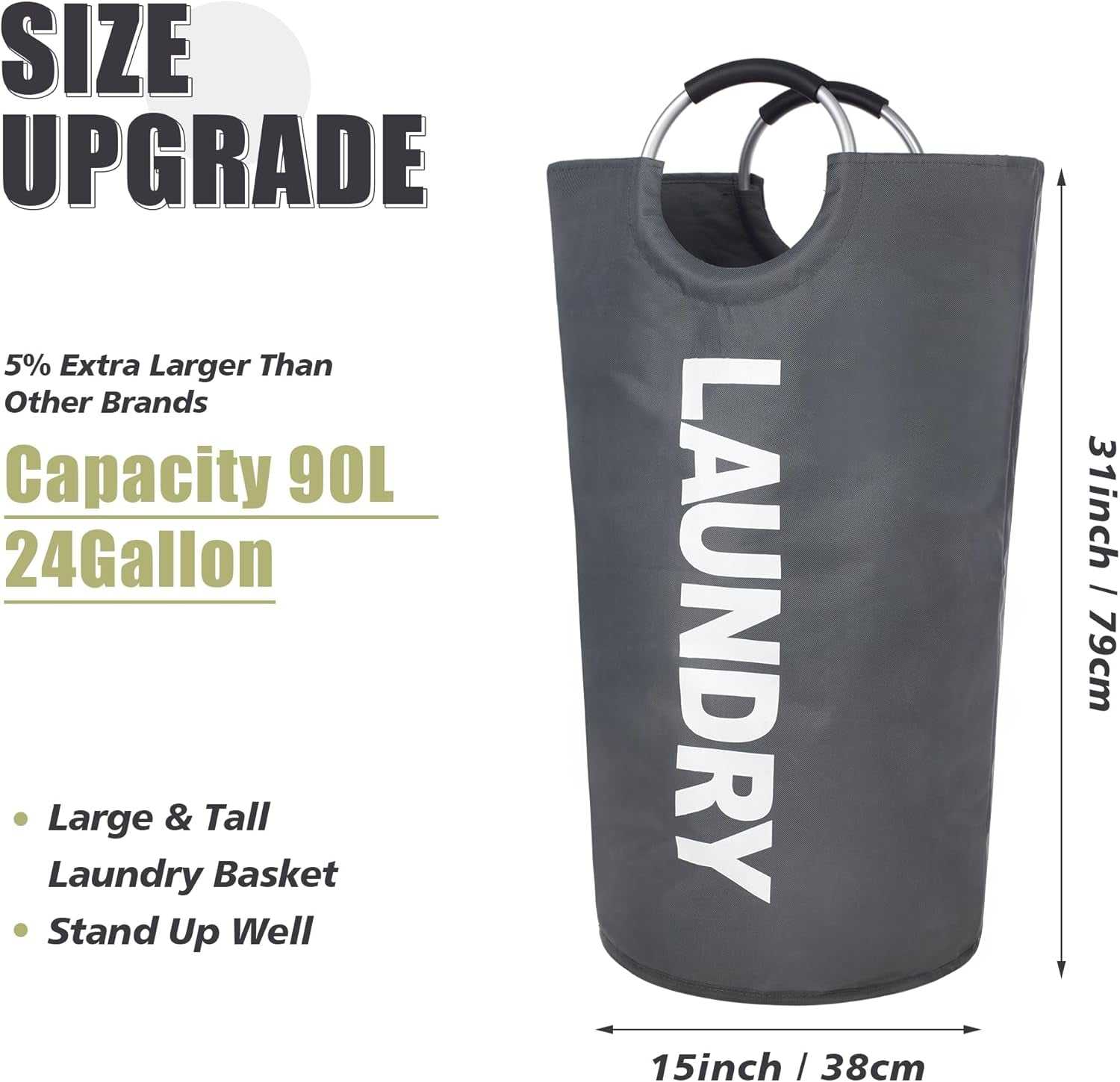 90L Large Laundry Basket, Laundry Hamper Stands up Well, Laundry Bag with Padded Handles, Waterproof Clothes Bin Collapsible, Clothes Hamper for Bathroom, Laundry, College (Dark Grey)
