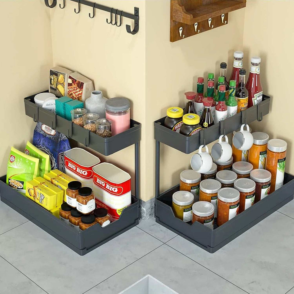 1-Pack under Sink Organizer Storage, 2 Tier L-Shape Multi-Purpose Large Capacity Kitchen under Sink Organizers for Narrow Space Easy Access Sliding Storage Drawer with Hooks for Bathroom