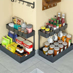 1-Pack under Sink Organizer Storage, 2 Tier L-Shape Multi-Purpose Large Capacity Kitchen under Sink Organizers for Narrow Space Easy Access Sliding Storage Drawer with Hooks for Bathroom