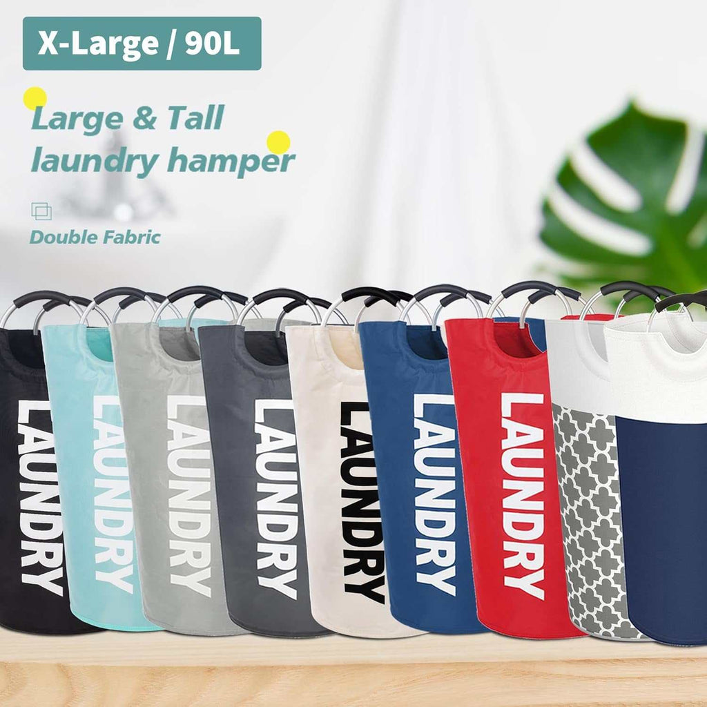 Dark grey 90L large foldable laundry basket with padded handles and waterproof fabric