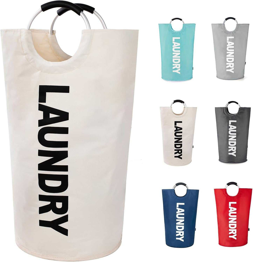 90L large dark grey foldable laundry basket with padded handles and waterproof fabric standing upright