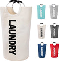 90L large dark grey foldable laundry basket with padded handles and waterproof fabric standing upright