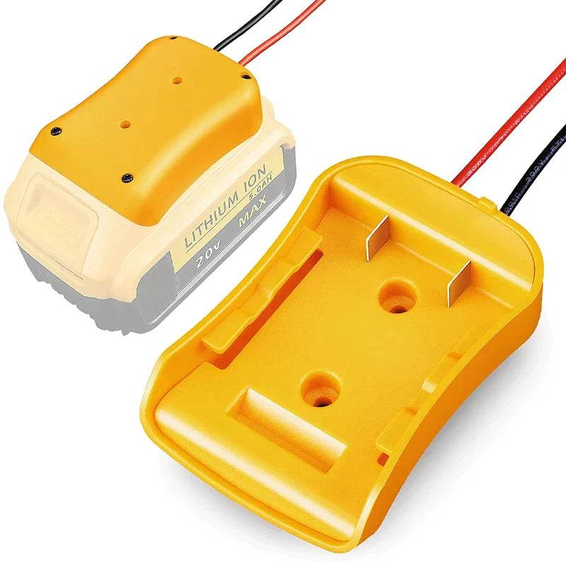 Power Connector DIY Battery Adapter Holder Dock for Dewalt 18V/20V Max Battery with yellow ABS plastic housing and 12 AWG cables