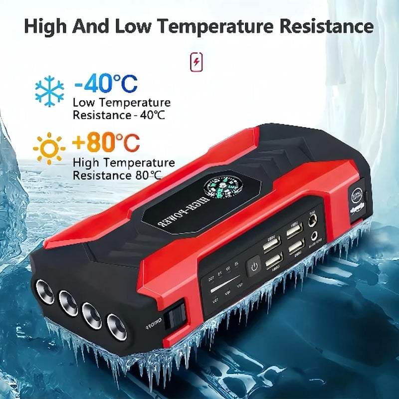 99800Mah Car Jump Starter portable battery charger with LED flashlight, safety hammer, compass, and multiple USB ports for emergency car battery boosting and outdoor use