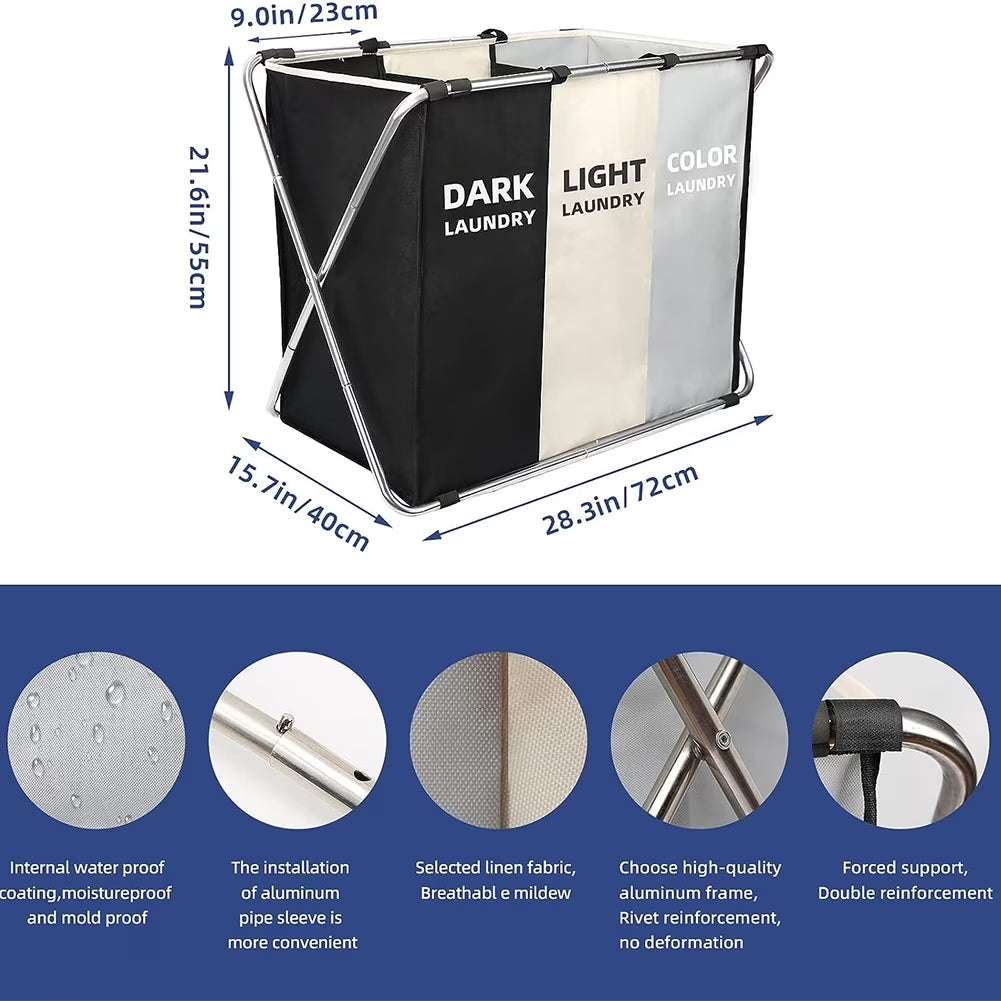 Laundry Hamper Sorter, 135L Foldable Laundry Basket with Lids, Large 3 Sections Laundry Bin Sorter, Waterproof Dirty Clothes Hamper Bag for Bathroom Bedroom,Washing Storage Bag,Blanket Storage