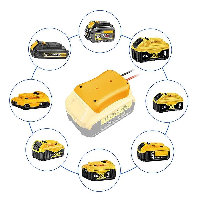 Yellow power connector DIY battery adapter holder dock for Dewalt 18V/20V Max battery with cables and locking mechanism