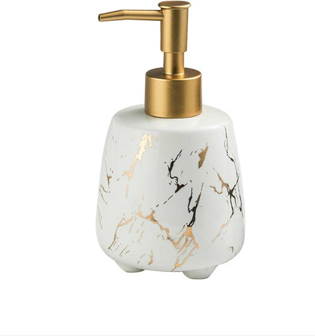 White ceramic hand soap dispenser with marble design and plastic pump for bathroom and kitchen use