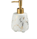 White ceramic hand soap dispenser with marble design and plastic pump for bathroom and kitchen use