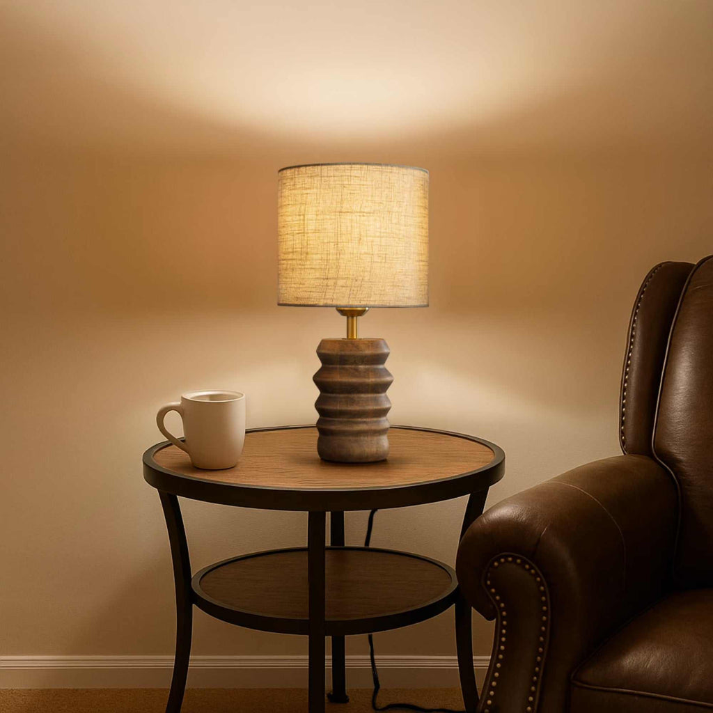 15'' Japandi Solid Wood Base Table Lamp Modern Classic Nightstand Lamp with Beige Fabric Shade for Bedside Foyer Dining Room