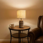 15'' Japandi Solid Wood Base Table Lamp Modern Classic Nightstand Lamp with Beige Fabric Shade for Bedside Foyer Dining Room