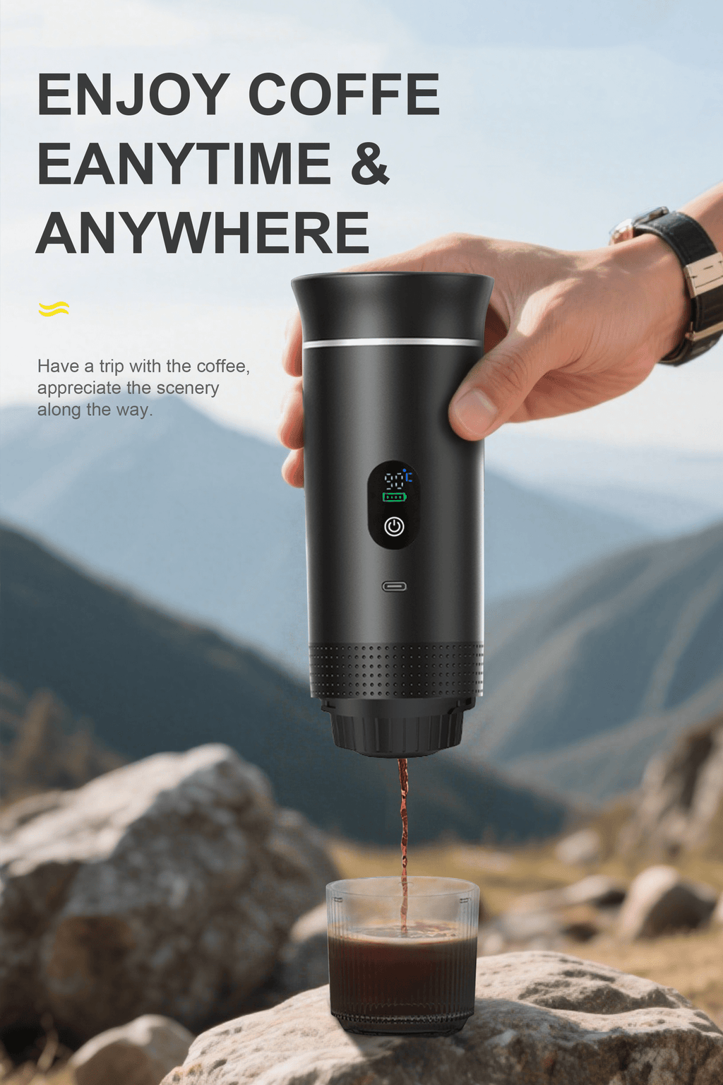 3-in-1 portable coffee maker with USB-C, LED display, and 20-bar pressure for travel and camping