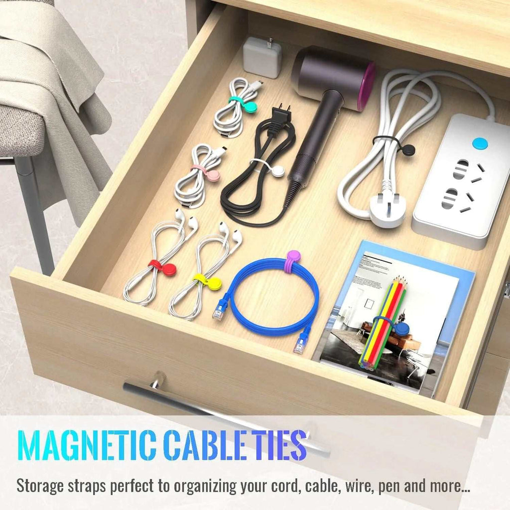 Set of 10 reusable magnetic silicone cable ties for organizing earbuds, USB cables, and cords at home, office, or school