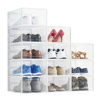 12-Pack Stackable Clear Shoe Box Organizer, Plastic Storage Bins for Closet Hallway & Bedroom, Ventilated & Stackable Shoe Storage Container Set Holds Shoes up to US Size 9, White