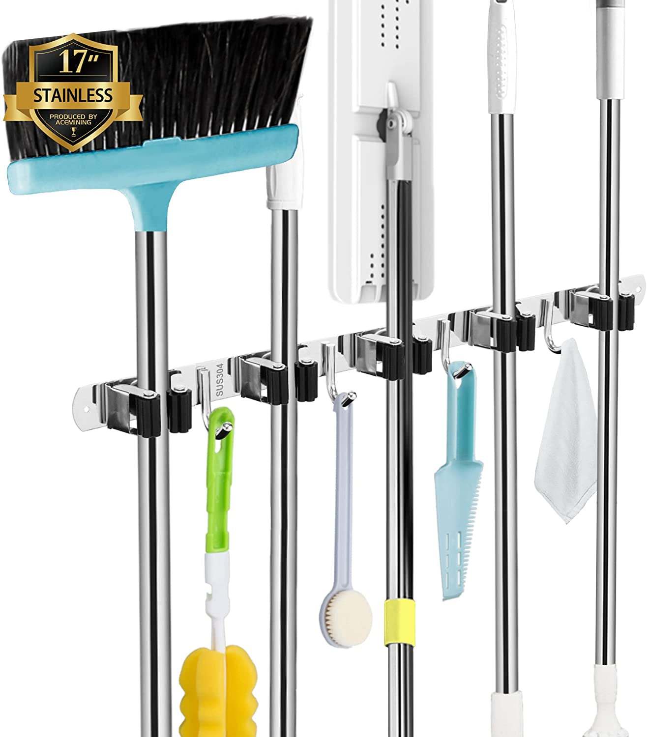 5 Racks and 4 Hooks Mop and Broom Holder Wall Mount, Broom Organizer Storage Tool Racks Stainless Steel Heavy Duty Hooks Self Adhesive Solid Non-Slip for Home Kitchen Garden Laundry Garage