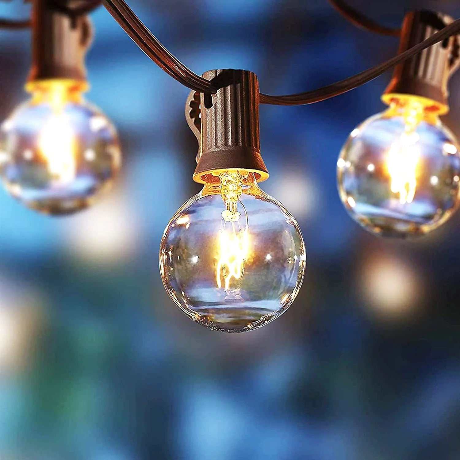 20-Count G40 Clear Glass Globe outdoor patio string lights with brown wire and clear bulbs for indoor and outdoor use