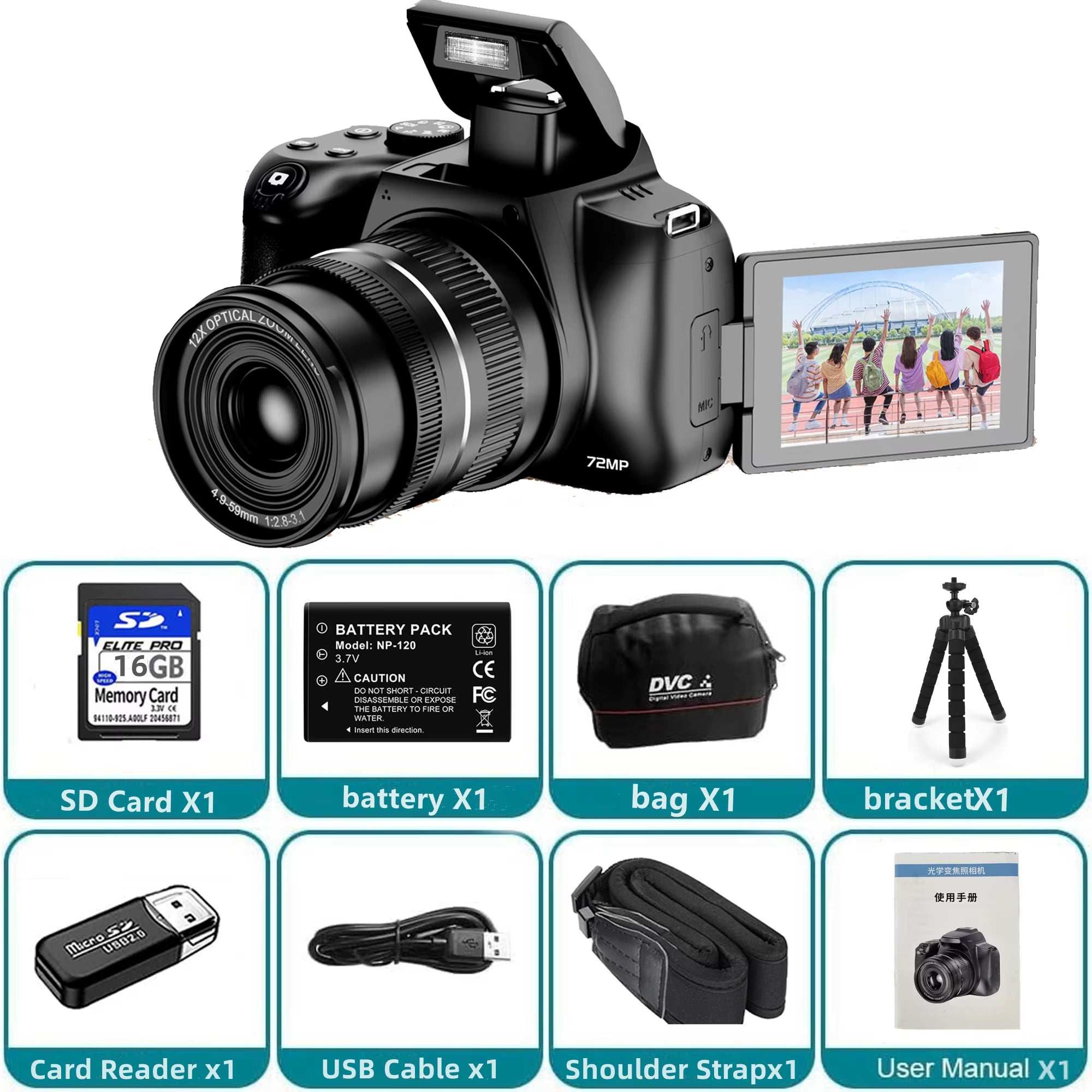 12X Optical Zoom Cameras for Photography Auto Focus 4K 72MP Digital Video Vlog Camera Wifi Livestream Camcorder 270°Flip Screen