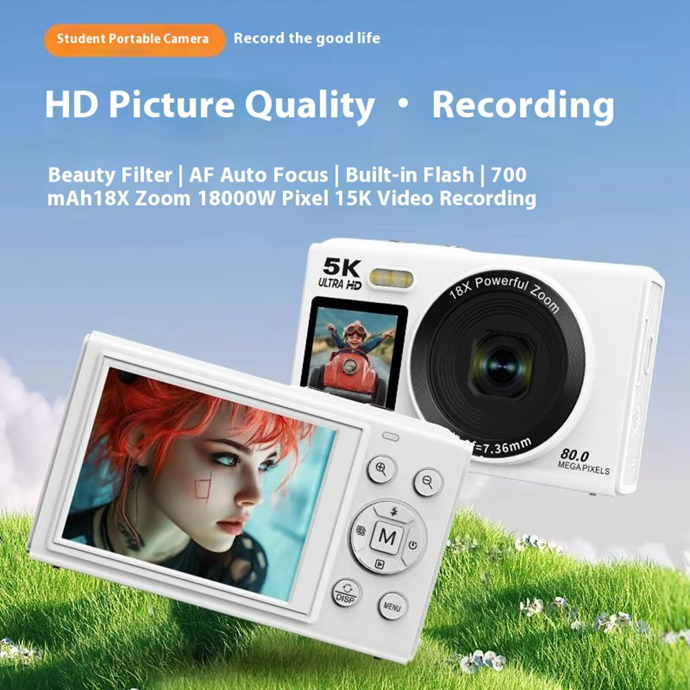 Digital Camera CCD Dual Screen Portable Digital Camera With18X Zoom 5K Vlogging Camera 80MP CCD Selfie Camera with 64GB Card