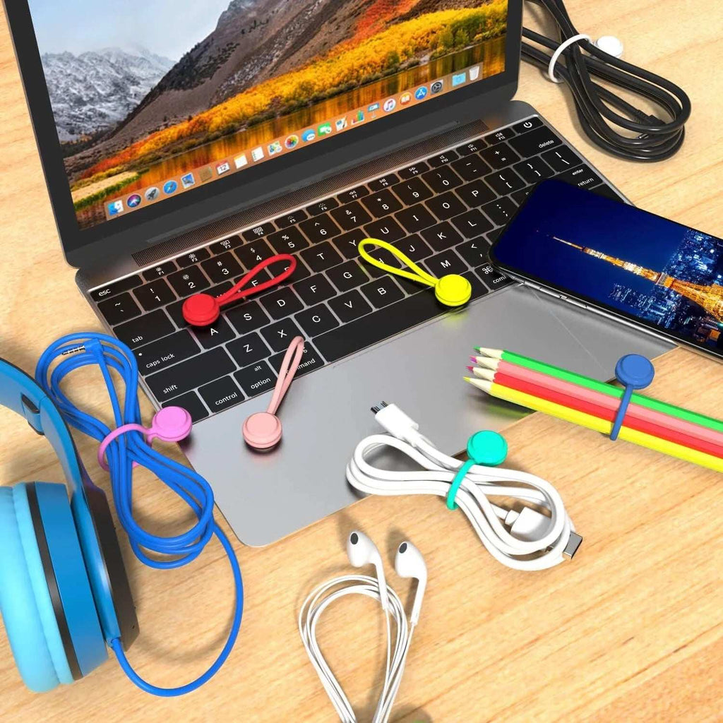 Set of 10 reusable magnetic silicone cable ties for organizing earbuds, USB cables, and cords at office, school, and home