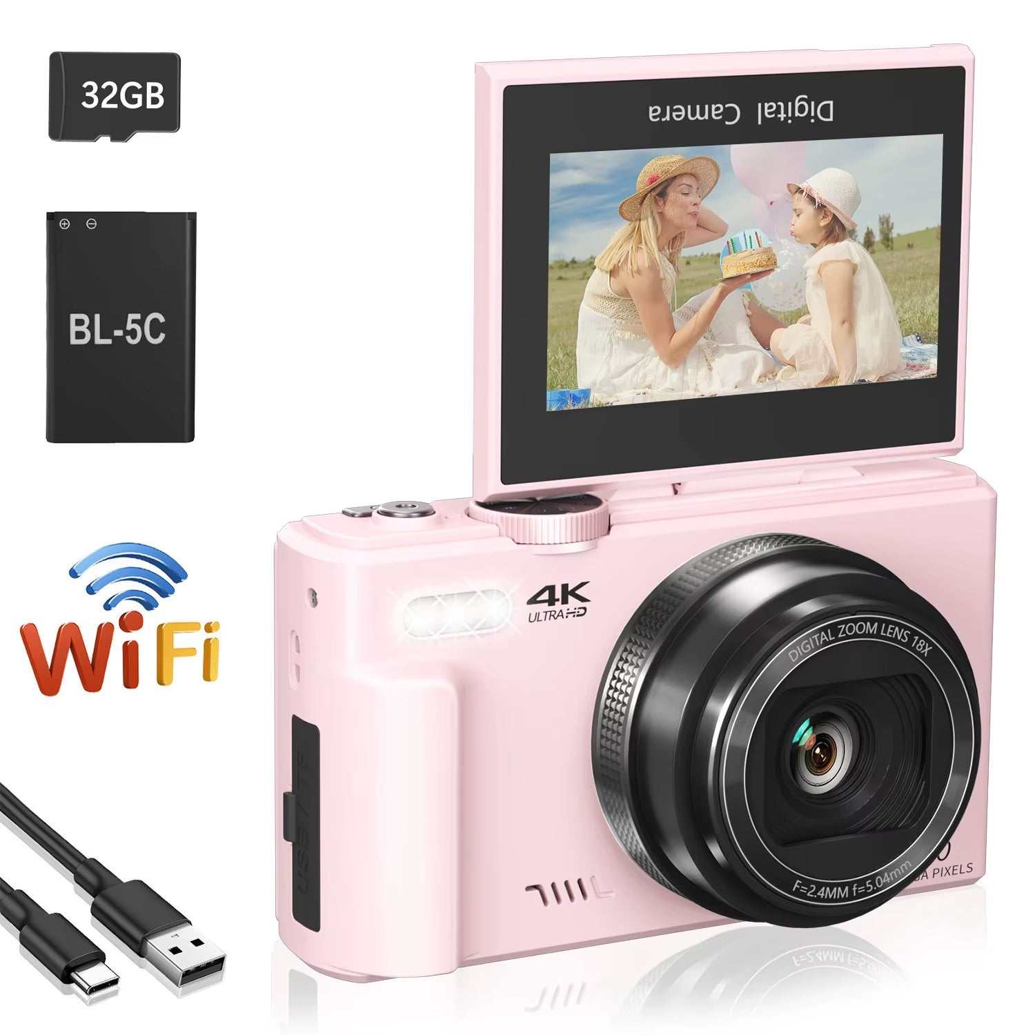 4K Compact Digital Photography Camera, 18X Digital Zoom, Vintage Vlog Video Recorder for Youtube, 180° Flip Screen, Wifi Webcam