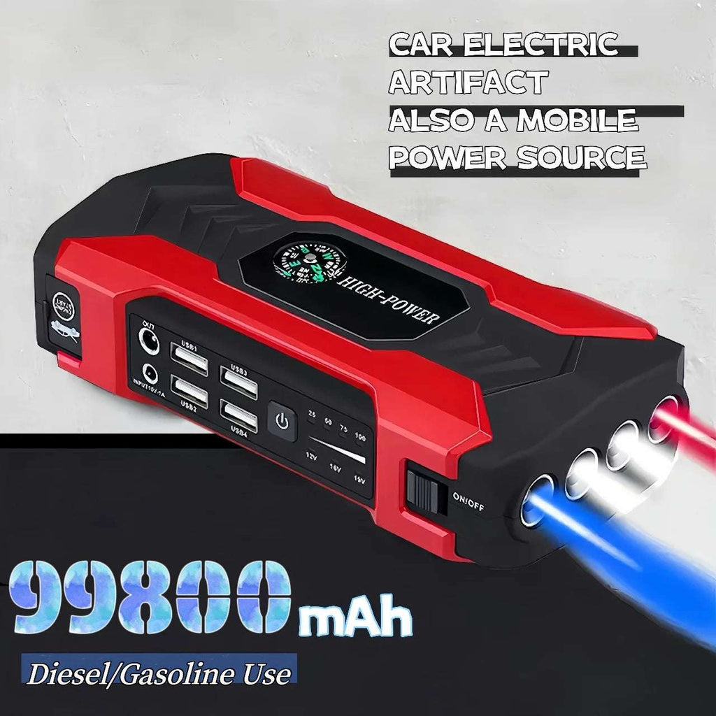 99800Mah Car Jump Starter portable battery charger with LED flashlight, compass, safety hammer, and 4 USB ports for emergency car jump-starting and fast device charging
