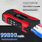 99800Mah Car Jump Starter portable battery charger with LED flashlight, compass, safety hammer, and 4 USB ports for emergency car jump-starting and fast device charging