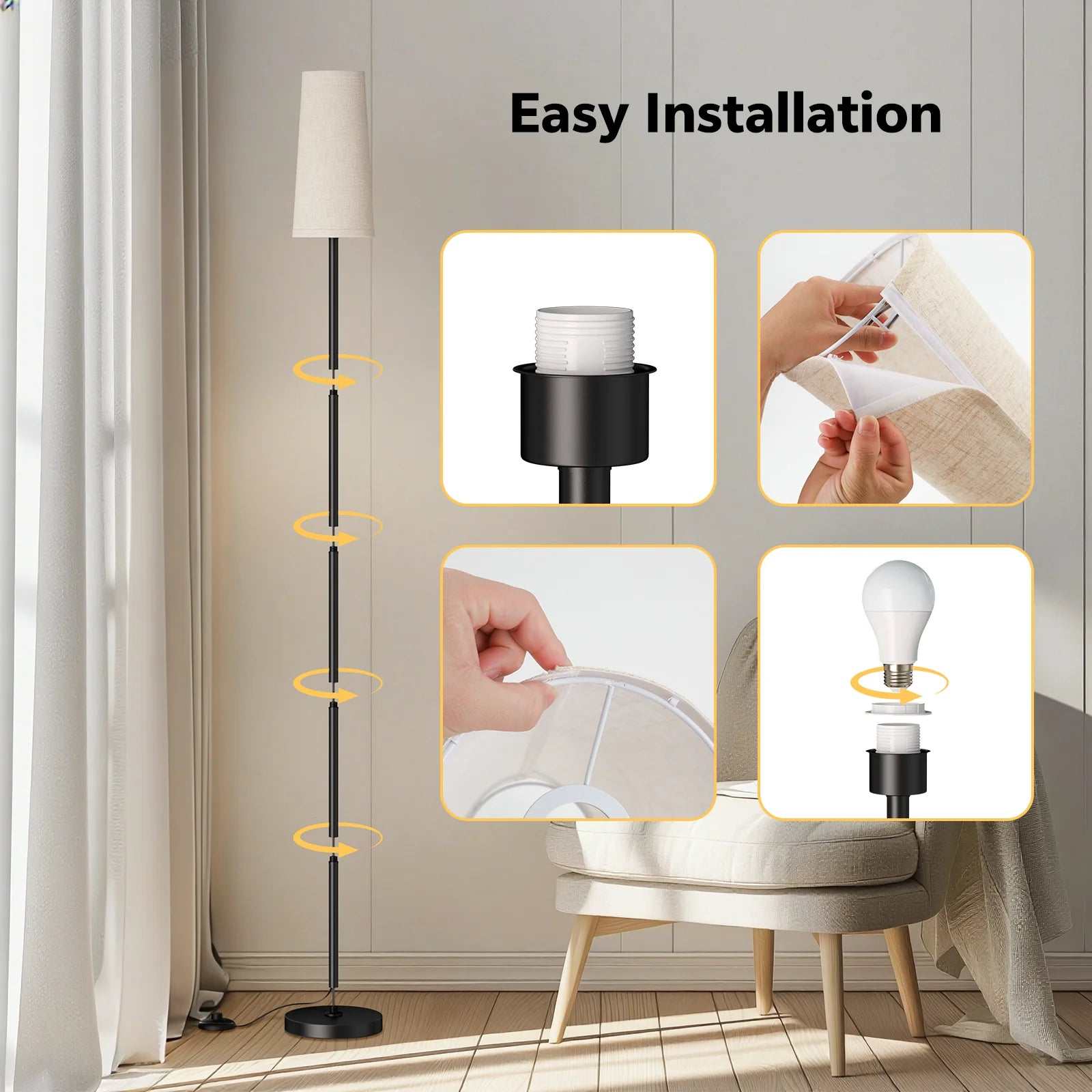 66" Floor Lamps for Living Room with Remote Control 3 Color Temperature Dimmable Standing Lamp Tall Pole Lamps for Bedroom, Office,Black,Bulb Included