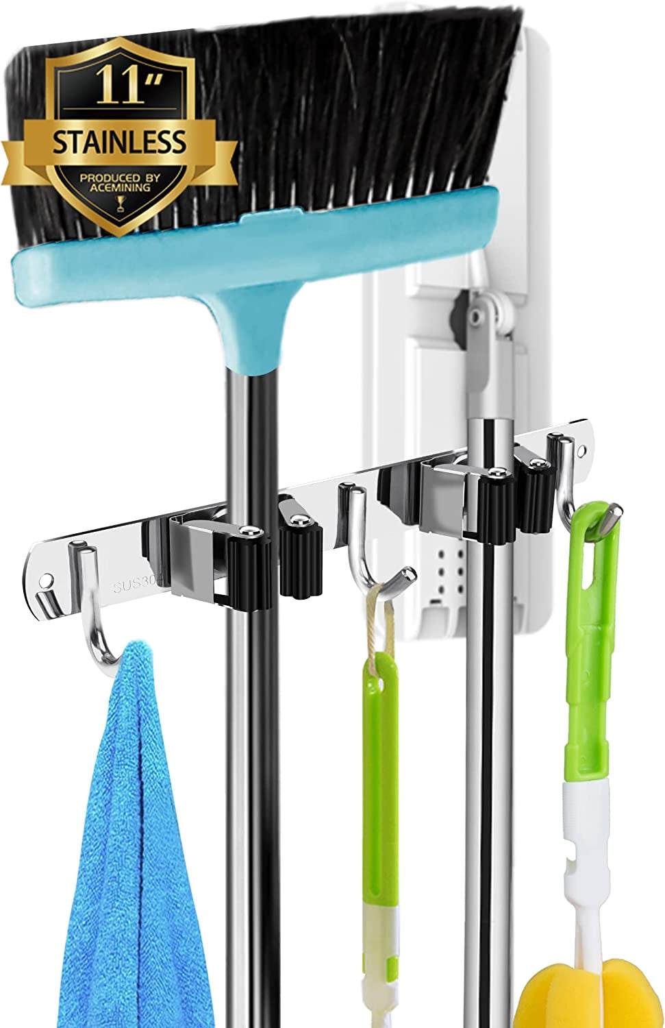 5 Racks and 4 Hooks Mop and Broom Holder Wall Mount, Broom Organizer Storage Tool Racks Stainless Steel Heavy Duty Hooks Self Adhesive Solid Non-Slip for Home Kitchen Garden Laundry Garage