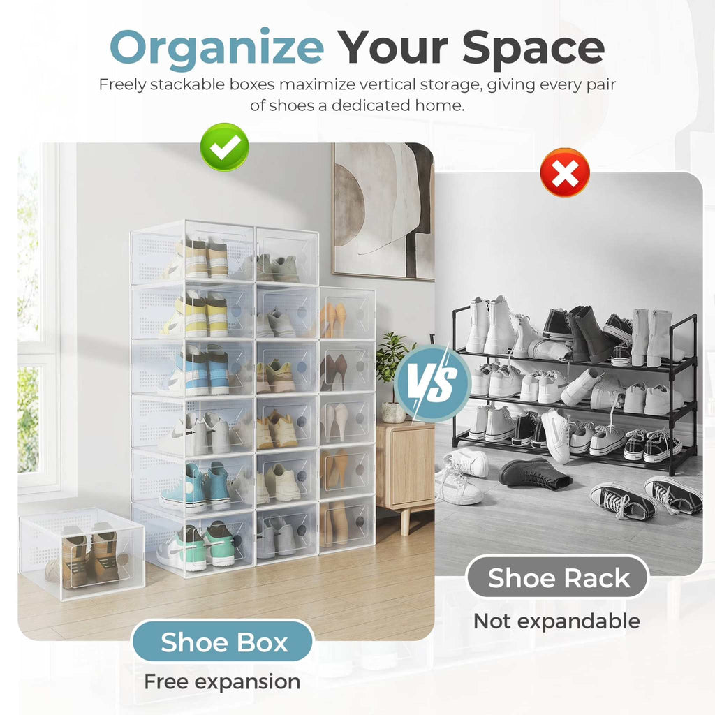 12-Pack Stackable Clear Shoe Box Organizer, Plastic Storage Bins for Closet Hallway & Bedroom, Ventilated & Stackable Shoe Storage Container Set Holds Shoes up to US Size 9, White
