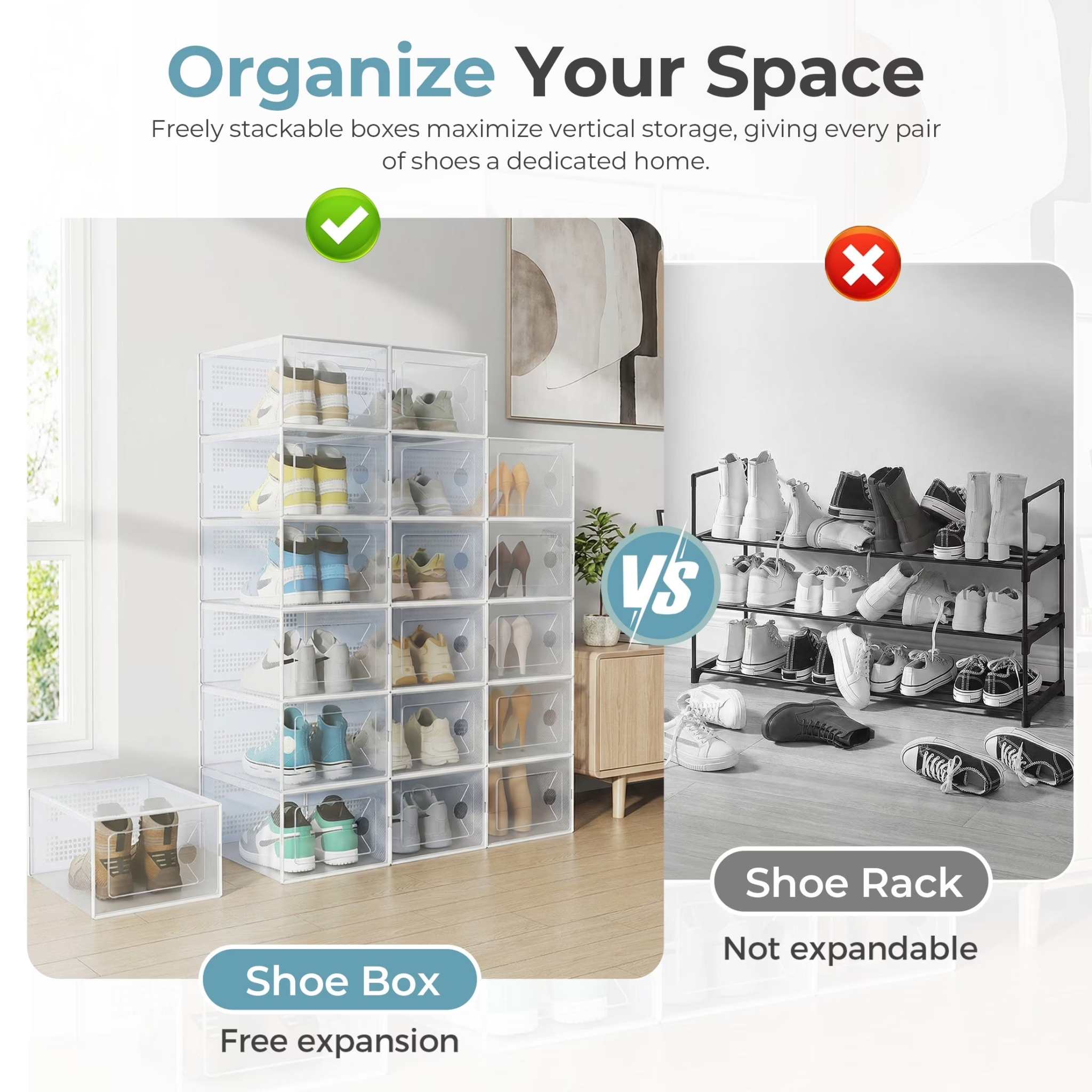 12-Pack Stackable Clear Shoe Box Organizer, Plastic Storage Bins for Closet Hallway & Bedroom, Ventilated & Stackable Shoe Storage Container Set Holds Shoes up to US Size 9, White