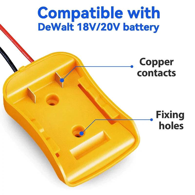 Power Connector DIY Battery Adapter Holder Dock for Dewalt 18V 20V Max Battery in yellow with cables and mounting holes