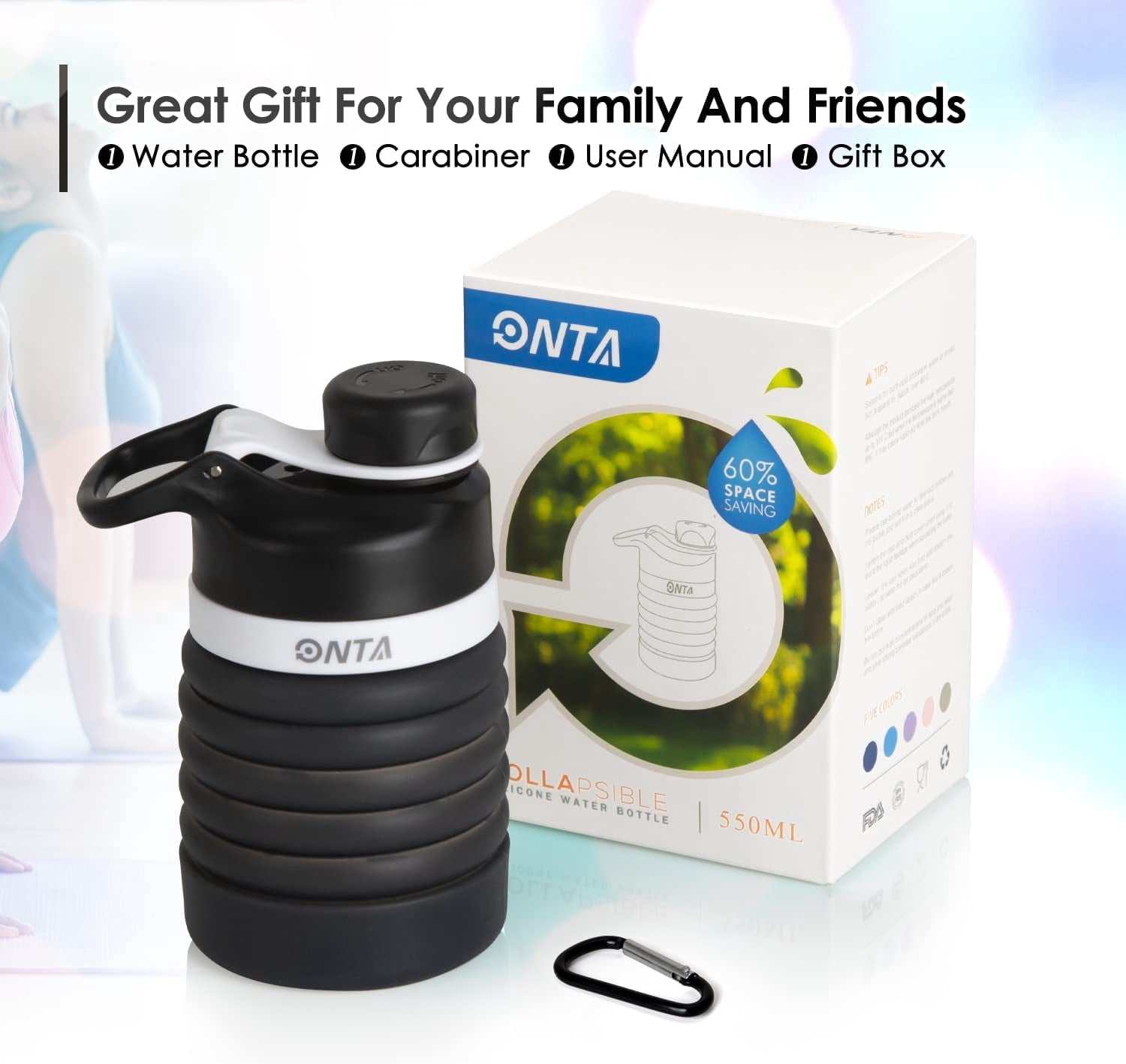 Collapsible Water Bottle- BPA Free Silicone Foldable Water Bottle for Travel,Silicone Portable Leak-Proof Travel Water Bottle 20Oz, Black