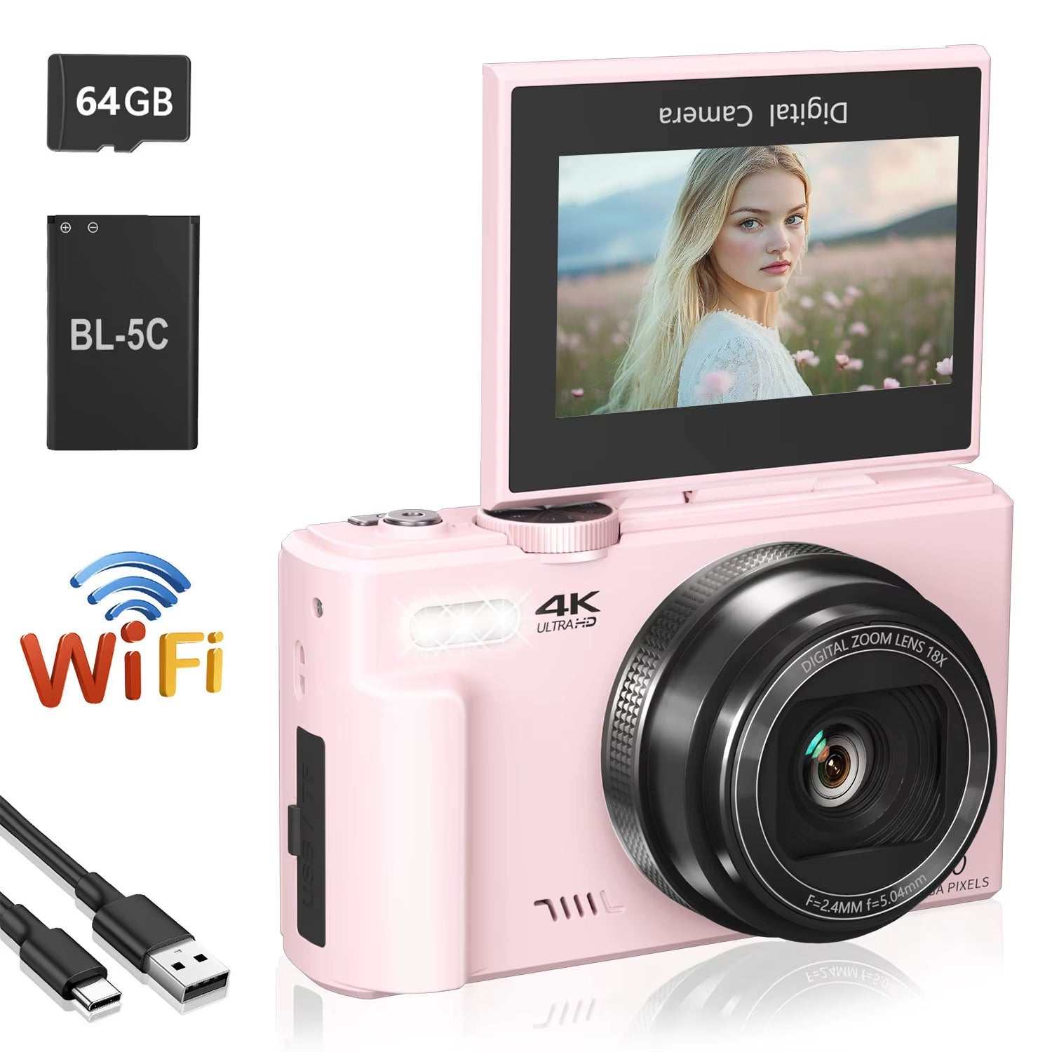 4K Compact Digital Photography Camera, 18X Digital Zoom, Vintage Vlog Video Recorder for Youtube, 180° Flip Screen, Wifi Webcam