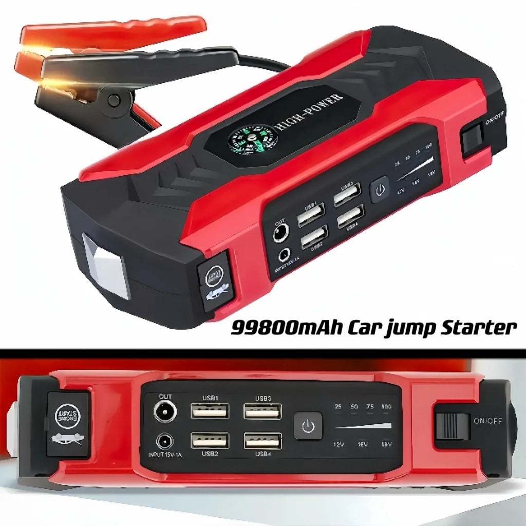 99800Mah car jump starter with 8-in-1 functions including LED flashlight, emergency hammer, compass, and portable power bank for fast charging and car battery boosting