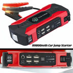 99800Mah car jump starter with 8-in-1 functions including LED flashlight, emergency hammer, compass, and portable power bank for fast charging and car battery boosting