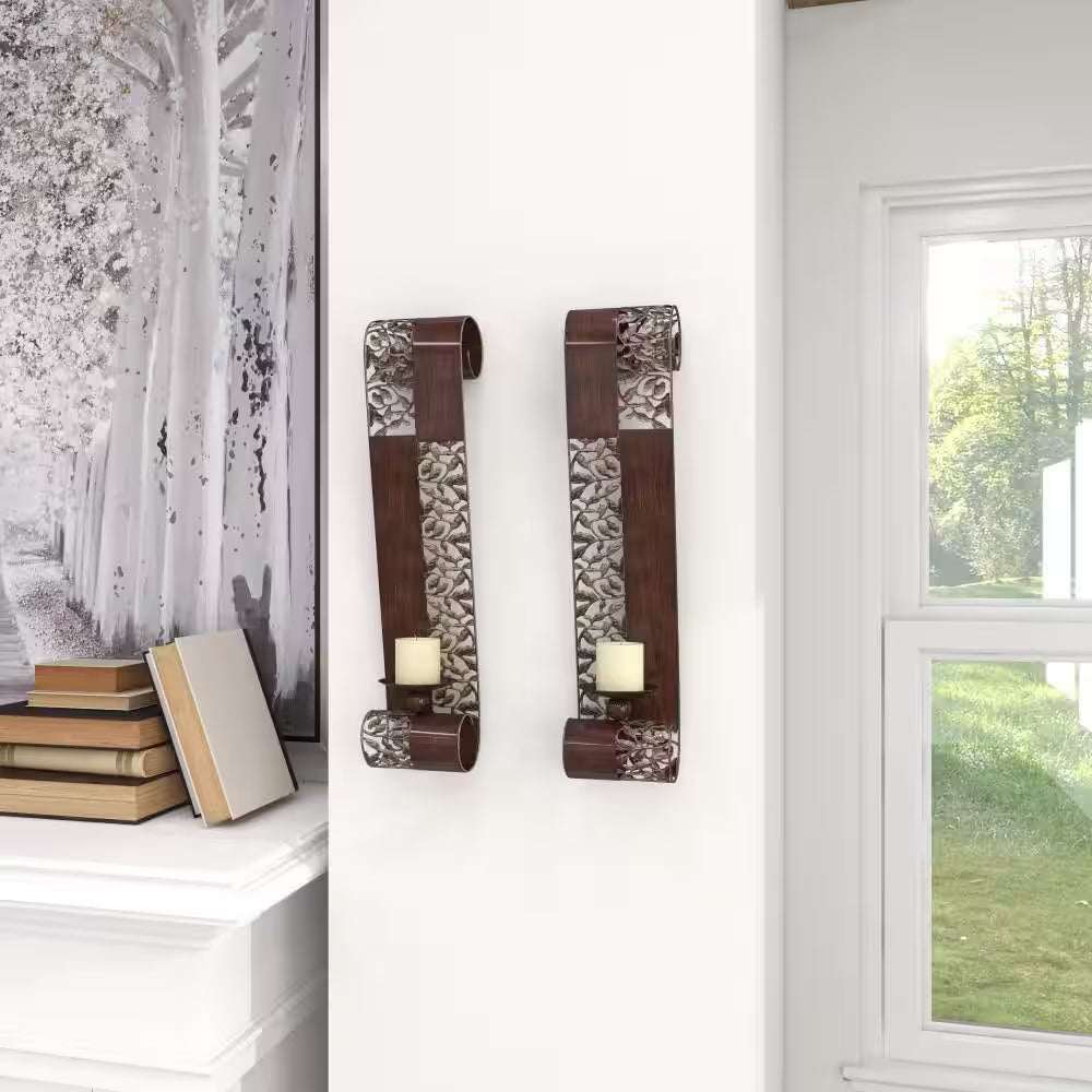 Brown Metal Leaf Wall Sconce with Scroll Designs (2- Pack)
