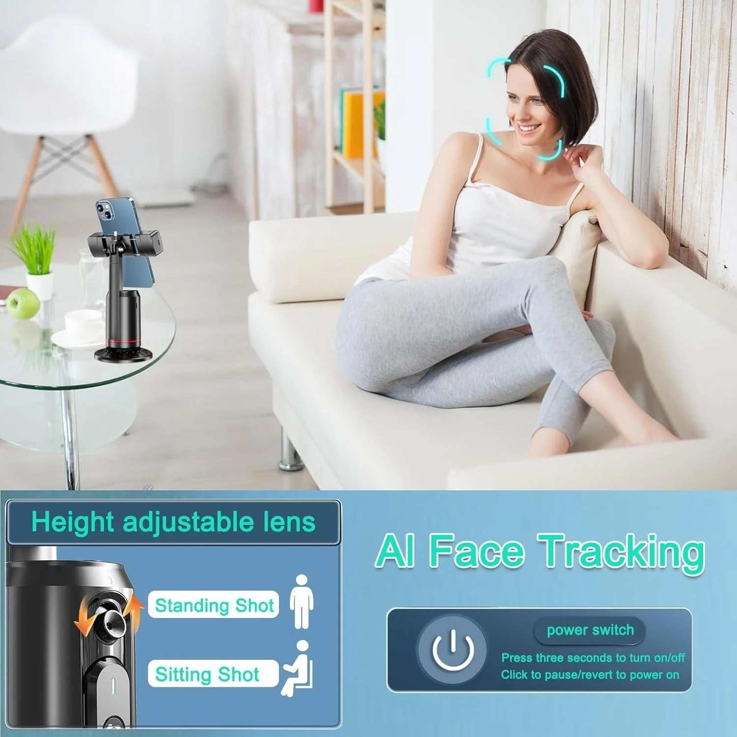 Trípode De Seguimiento Facial Automático, Soporte De Teléfono Con Seguimiento Automático Giratorio De 360° AI Smarts, No Se Requiere Aplicación, Soporte De Cámara Con Control Remoto Y Luces De Relleno RGB, Soporte De Disparo Recargable Para Grabación De Video En Vivo Tiktok