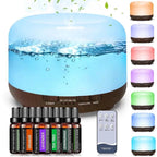500Ml Essential Oil Diffuser with 6*10Ml Essential Oils Set, Black Woodgrain Aroma Air Humidifier with Remote Control for Bedroom Home Office, Waterless Auto Shut-Off