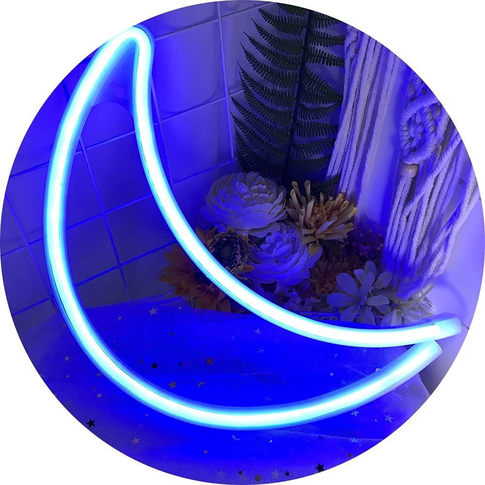 Blue Moon Neon Sign glowing on wall for bedroom decor, USB or battery powered LED light