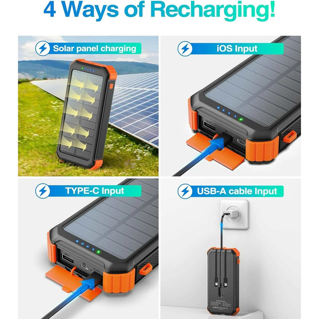 45800mAh solar power bank with built-in cables, 15W fast charging, LED flashlights, and durable outdoor design compatible with iPhone and Android phones