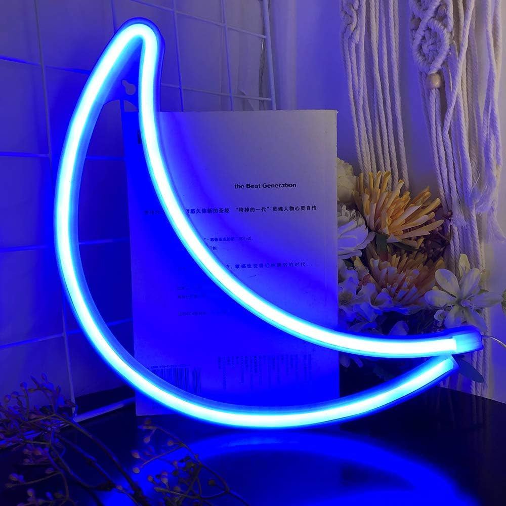 Blue moon neon sign glowing against a dark background, ideal for bedroom or party decor
