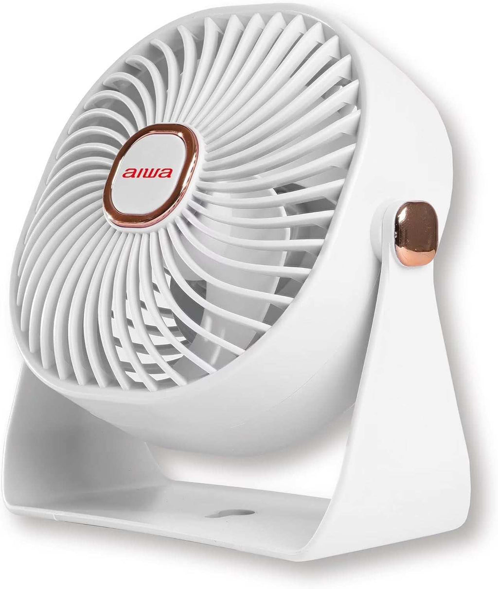 4" white USB-C rechargeable desk fan with 3 speeds and 270-degree rotation on desk