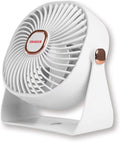 4" white USB-C rechargeable desk fan with 3 speeds and 270-degree rotation on desk